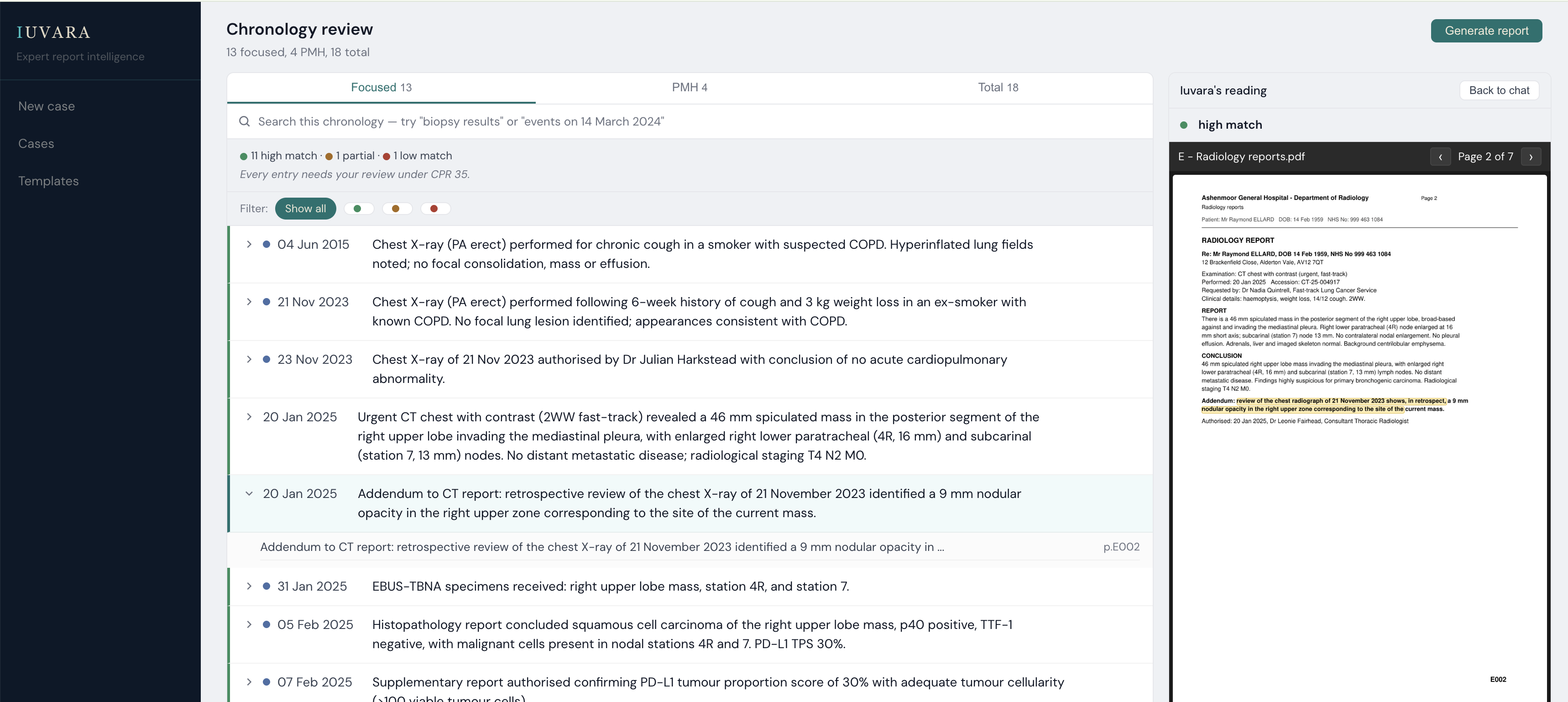 Chronology review: dated entries on the left, each with a confidence indicator, and the cited source page shown on the right.