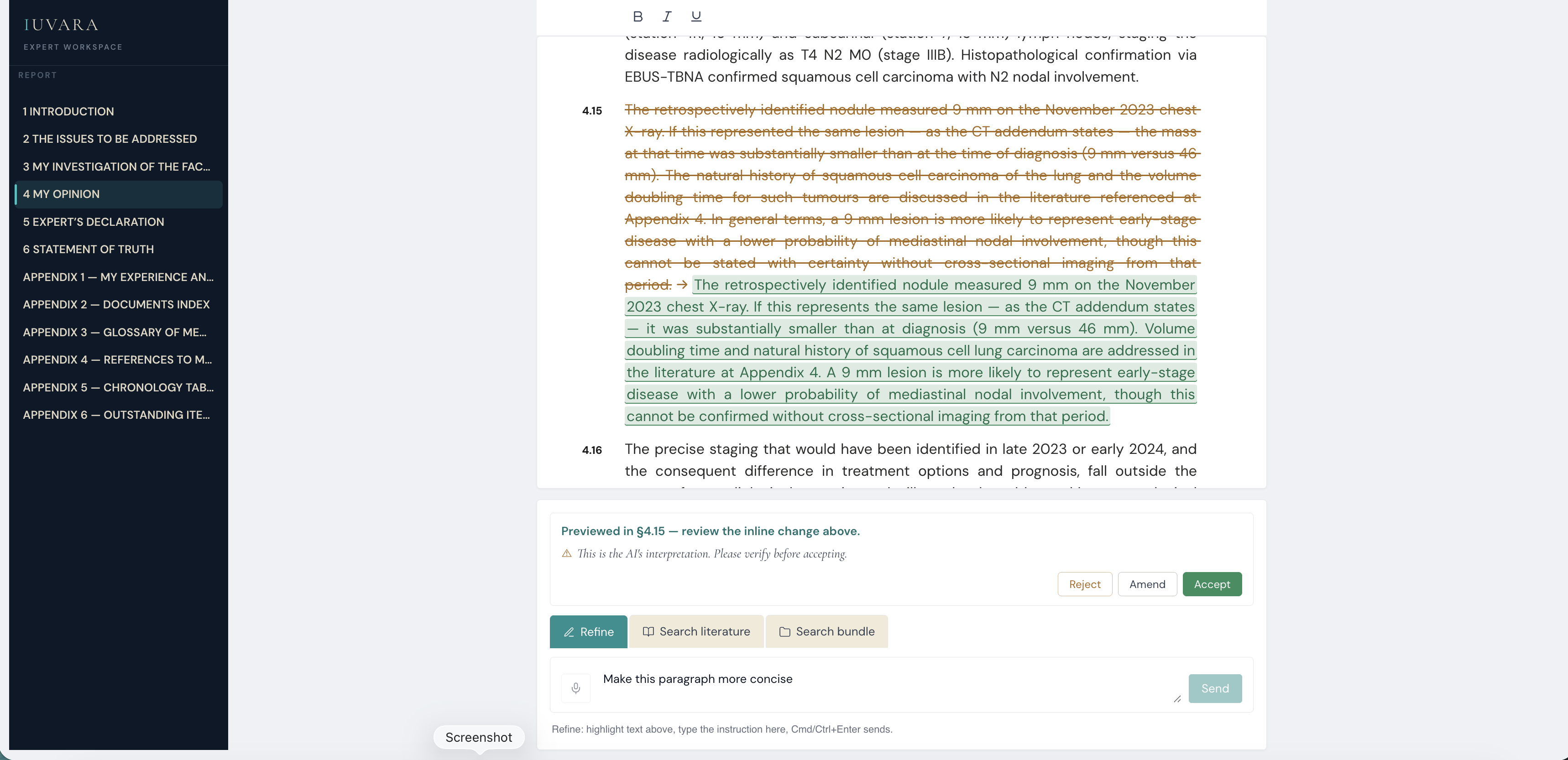 Report editor: a proposed paragraph edit shown inline for the expert to accept, amend or reject.