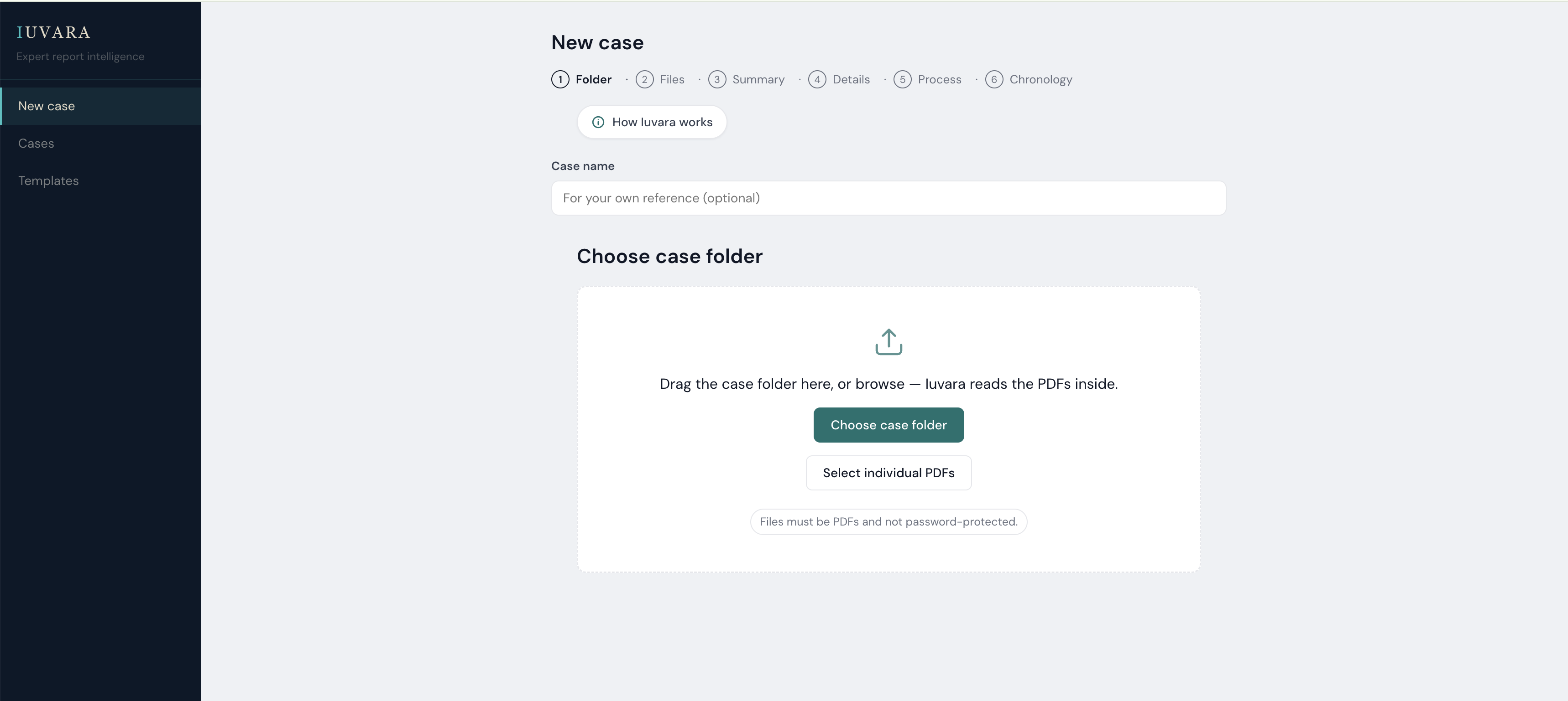 Iuvara New case screen: name the case and choose the case folder of PDFs to upload.